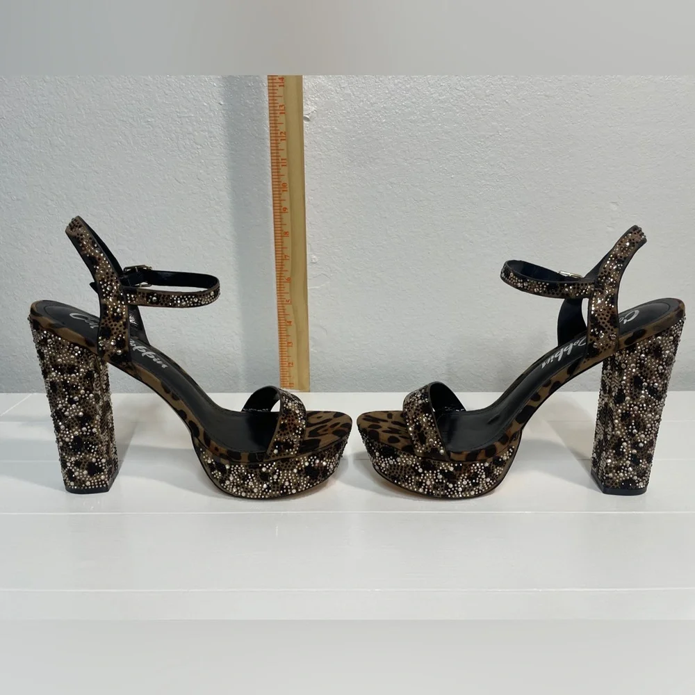 SIZE 11 - Leopard Print Platform Sandals with Rhinestone Accents - Brown